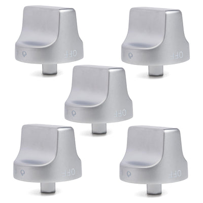 Set of five silver replacement stove knobs for Whirlpool ranges, compatible with W11239985 and W10850015.