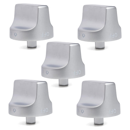 Set of five silver replacement stove knobs for Whirlpool ranges, compatible with W11239985 and W10850015.