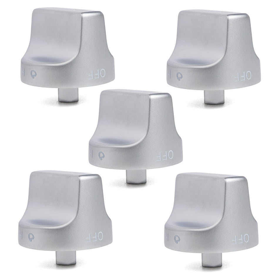 Set of five silver replacement stove knobs for Whirlpool ranges, compatible with W11239985 and W10850015.