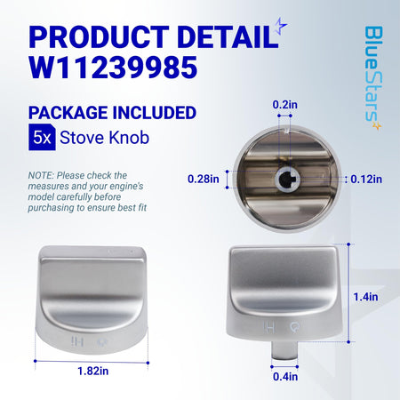 W11239985 stove knob replacement showing dimensions and front and back views for Whirlpool range compatibility.