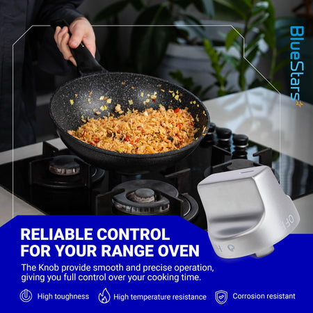 W11239985 stove knob replacement for Whirlpool ranges shown next to a cooking pan on a stovetop.