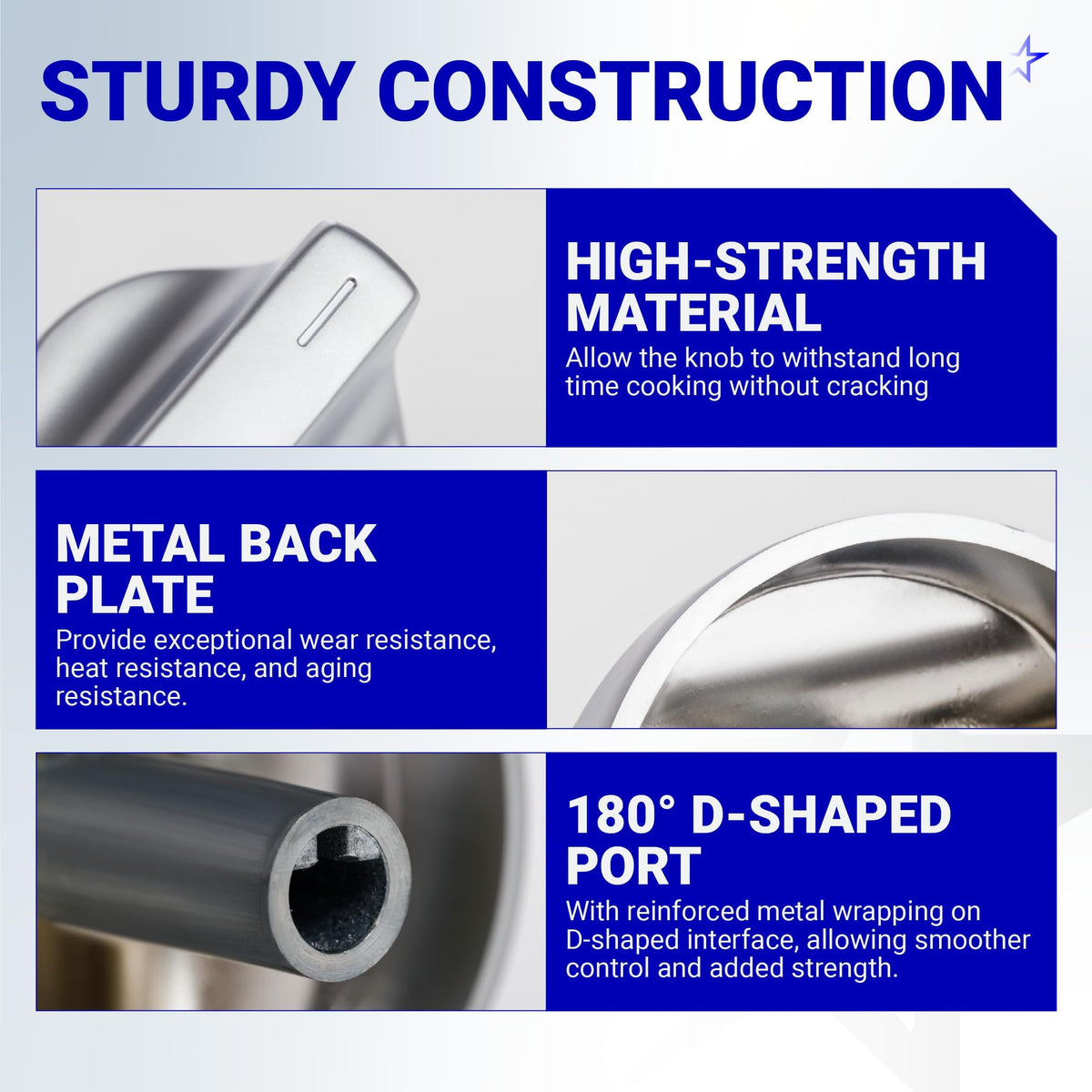 Infographic showing sturdy construction features of W11239985 stove knob, including metal back plate and D-shaped port.