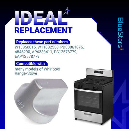 W11239985 stove knob replacement for Whirlpool ranges shown with compatible oven model and part number information.