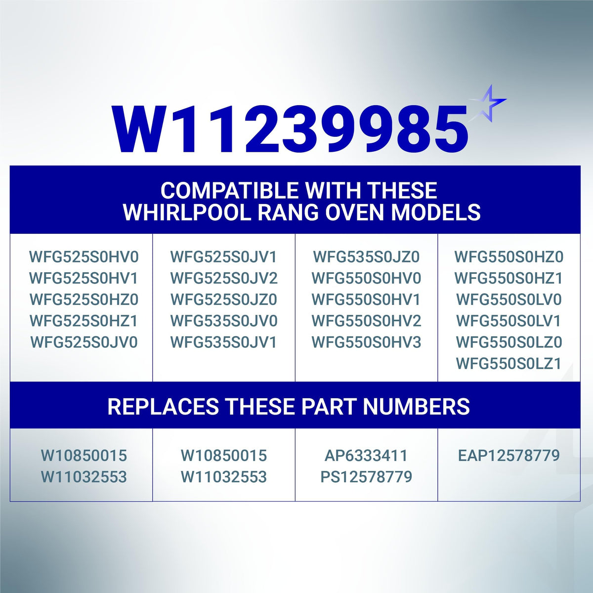 Compatibility chart for W11239985 stove knob replacement listing Whirlpool range models and cross-reference part numbers.