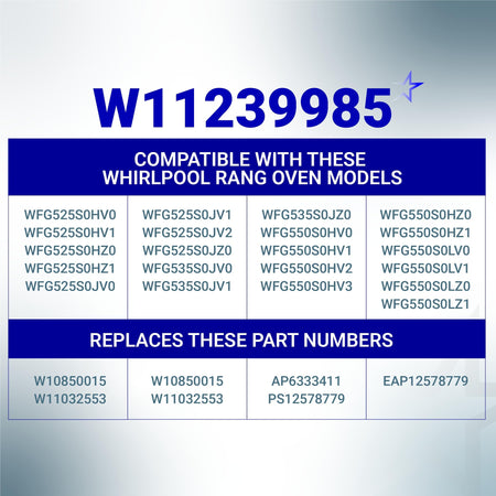 Compatibility chart for W11239985 stove knob replacement listing Whirlpool range models and cross-reference part numbers.