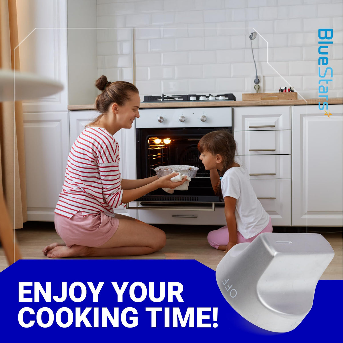 Silver stove knob replacement for Whirlpool ranges, featuring a lifestyle graphic with a family baking.