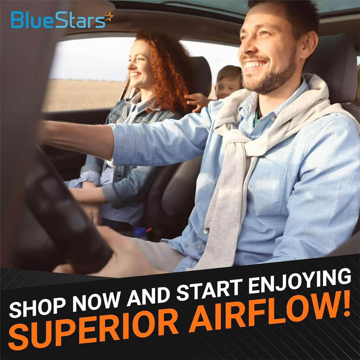 Happy family driving in a car to promote clean air with CF11811 FD811 activated cabin carbon air filter.