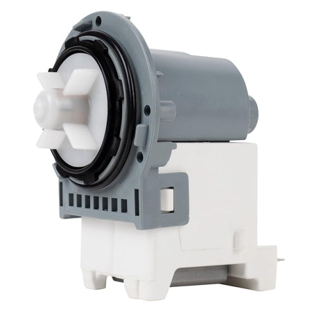 Replacement washer drain pump motor for Samsung washing machines with white impeller and grey housing.