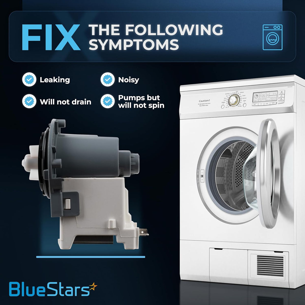 Washer drain pump motor for Samsung washing machines showing symptoms fixed by replacement.