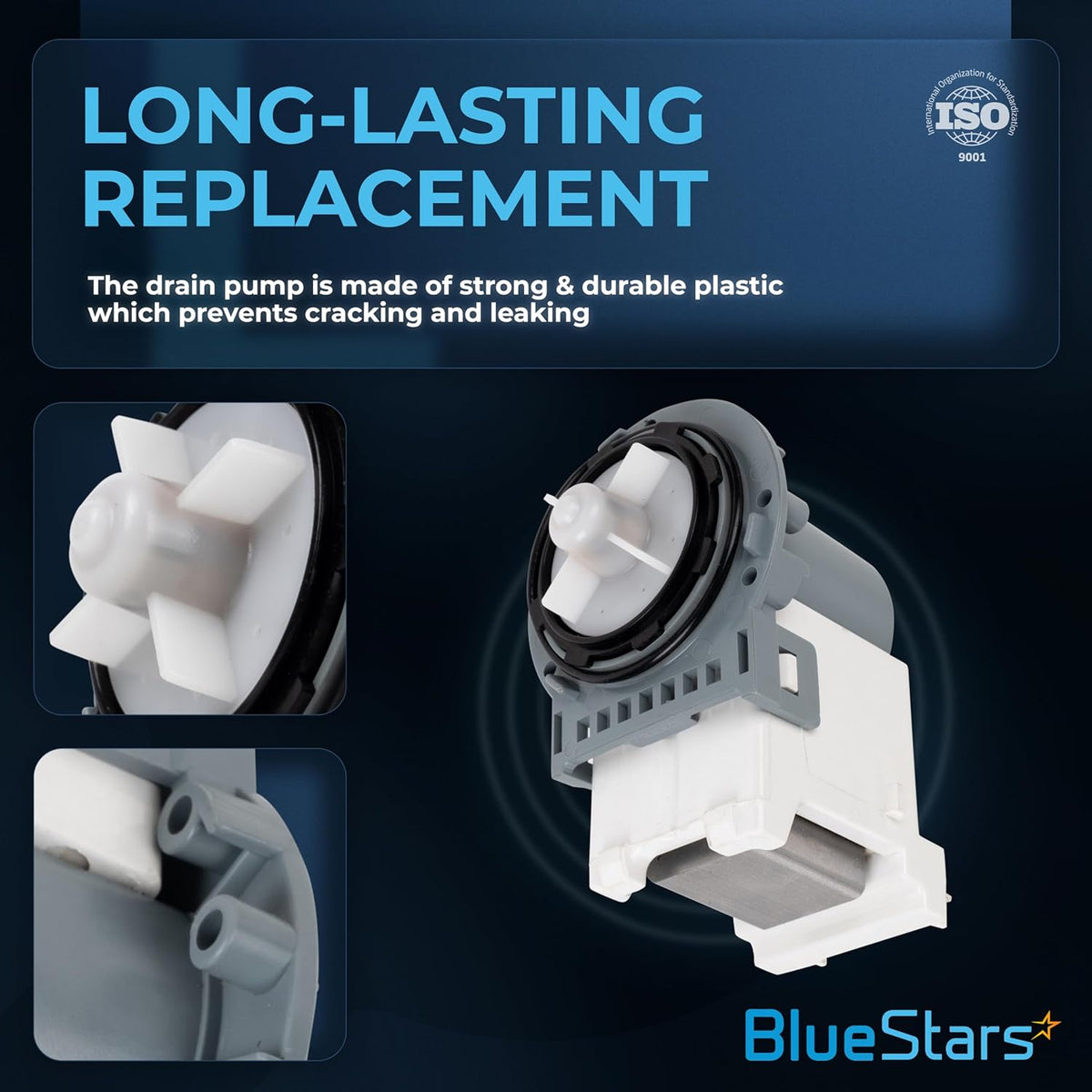 Replacement washer drain pump motor for Samsung washing machines showing close-up views of the impeller and housing.