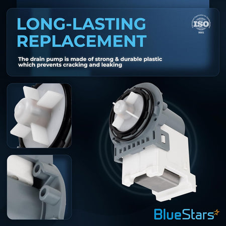 Replacement washer drain pump motor for Samsung washing machines showing close-up views of the impeller and housing.