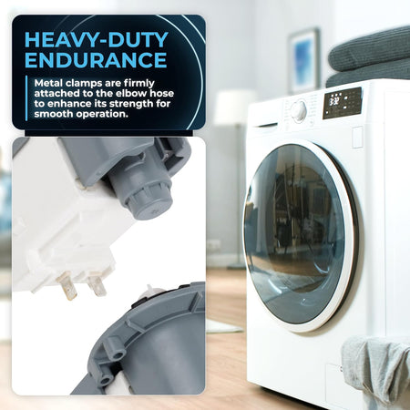 Close-up of Samsung washer drain pump motor components with heavy-duty metal clamps and elbow hose.