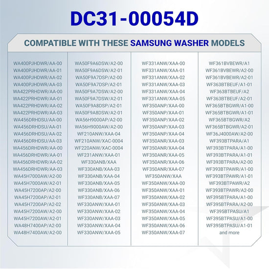 DC31-00054D washer drain pump motor compatibility chart listing Samsung washer models