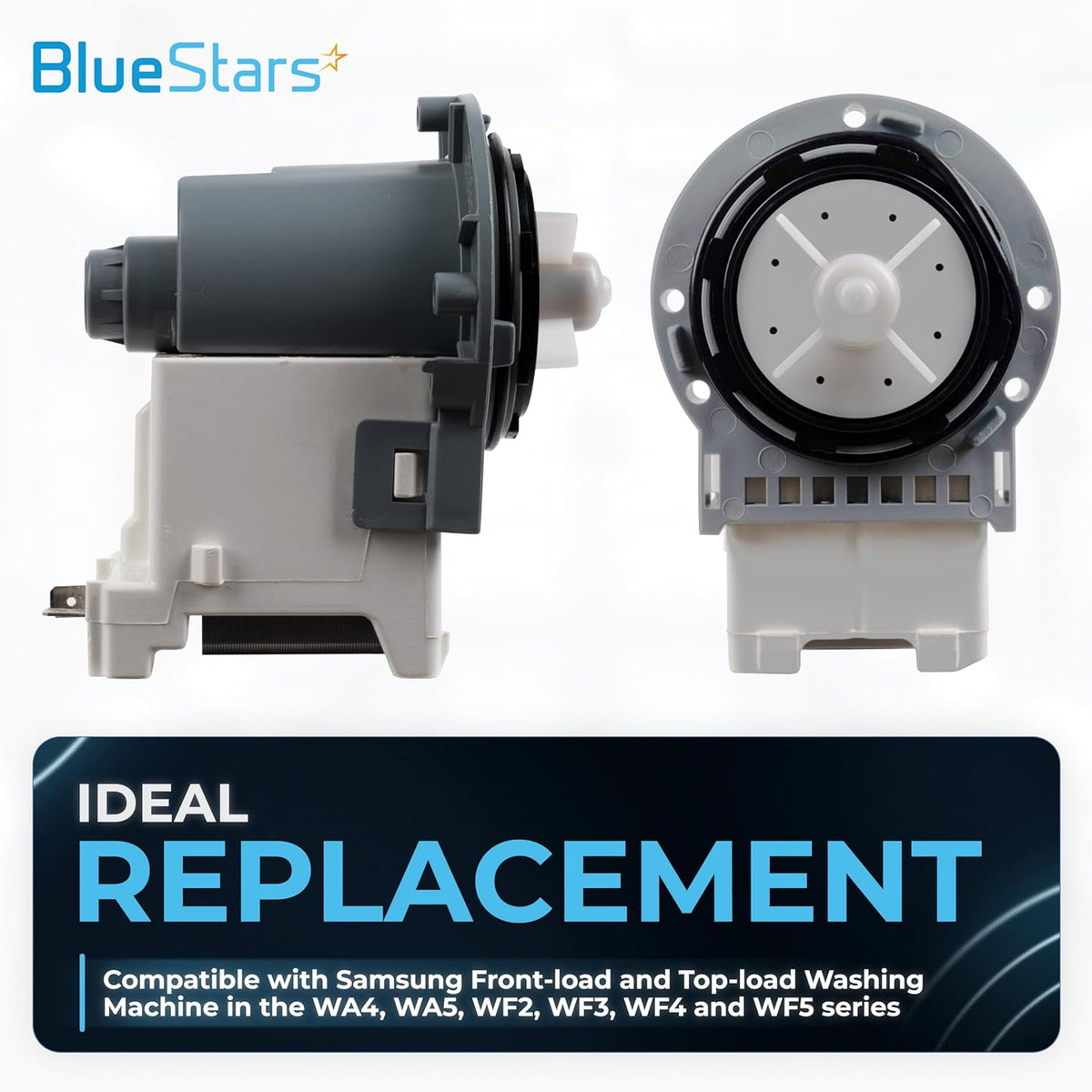 Side and front view of Samsung washer drain pump motor DC31-00054D for front and top-load washing machines.