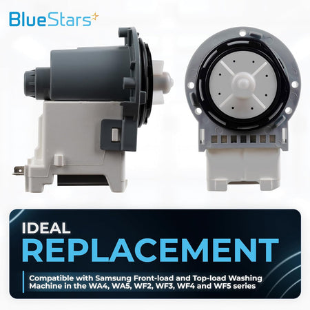 Side and front view of Samsung washer drain pump motor DC31-00054D for front and top-load washing machines.