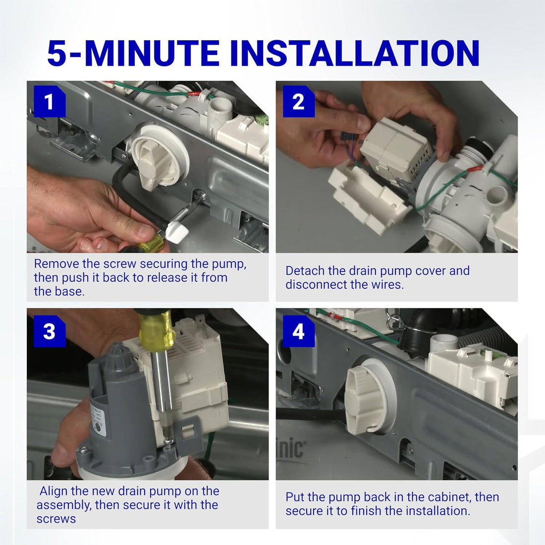 DC31-00054D washer drain pump motor, four-step installation guide showing pump removal, wiring, replacement, and securing