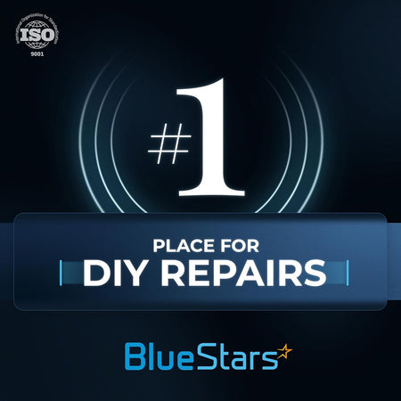 BlueStars number one place for DIY repairs graphic with ISO 9001 certification logo.