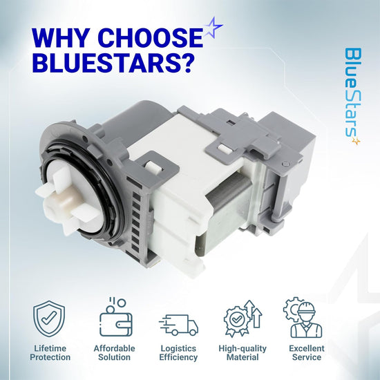 DC31-00054D washer drain pump motor shown in a BlueStars promotional graphic