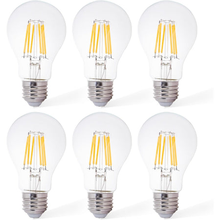 Pack of six 12V A19 LED filament light bulbs with E26 base and clear glass design.