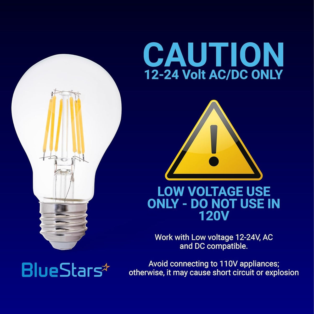 A19 LED light bulb with caution graphic warning for 12-24V low voltage use only, do not use in 120V.