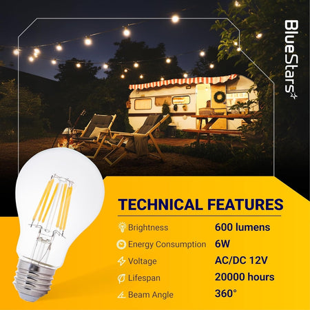 12V LED A19 light bulb with technical specifications displayed against an outdoor campsite background.