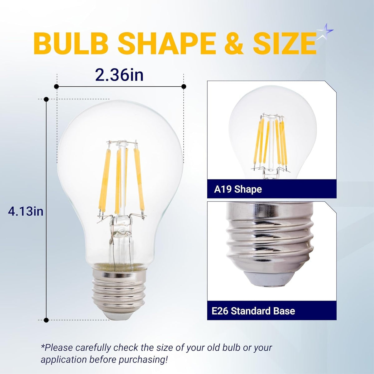 Diagram showing dimensions of 12V A19 LED bulb with E26 base, measuring 4.13 inches tall and 2.36 inches wide.