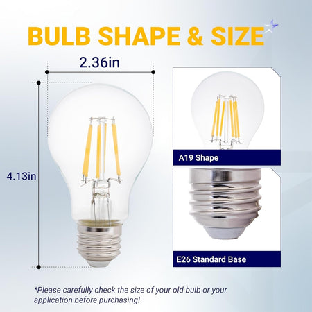 Diagram showing dimensions of 12V A19 LED bulb with E26 base, measuring 4.13 inches tall and 2.36 inches wide.