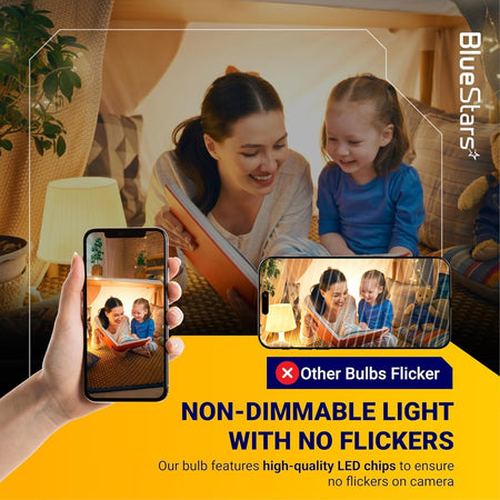Comparison graphic showing 12V LED bulb flicker-free performance on camera versus other flickering bulbs.