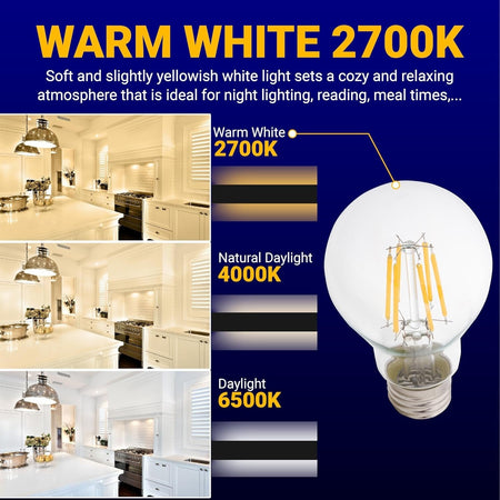 Infographic showing 12V LED A19 bulb with 2700K warm white light color temperature comparison for home lighting.