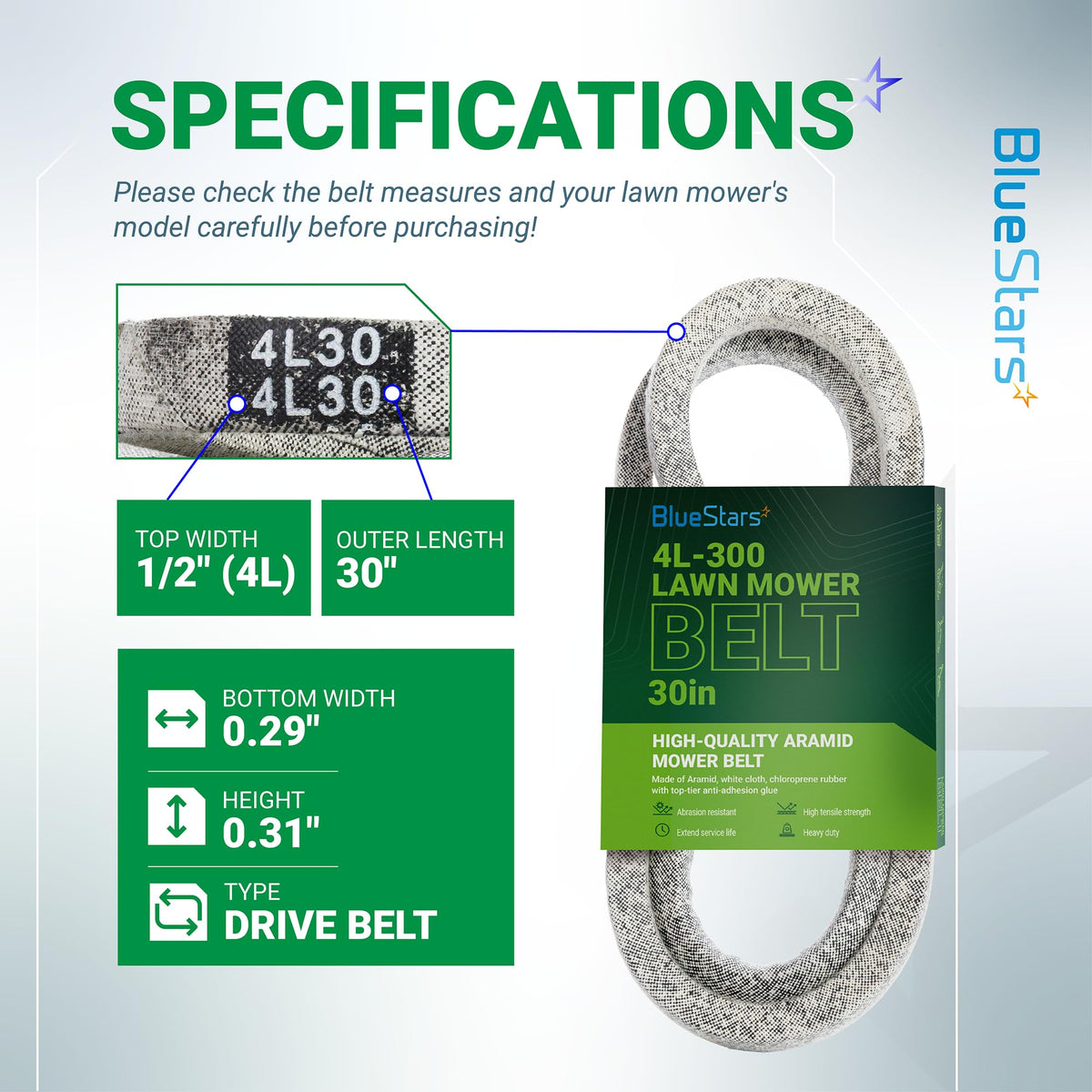 Specification chart for 4L-300 drive belt showing dimensions and compatibility for McLane edgers and lawn mowers.