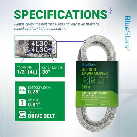 Specification chart for 4L-300 drive belt showing dimensions and compatibility for McLane edgers and lawn mowers.