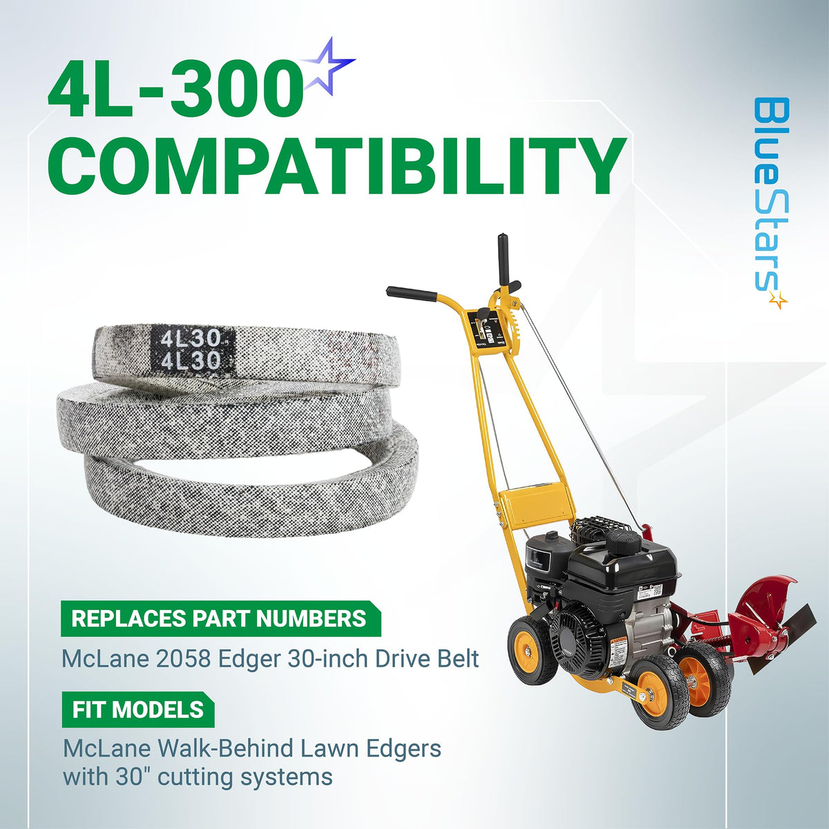 4L-300 drive belt compatibility chart for McLane 30-inch lawn edgers and replacement part 2058.