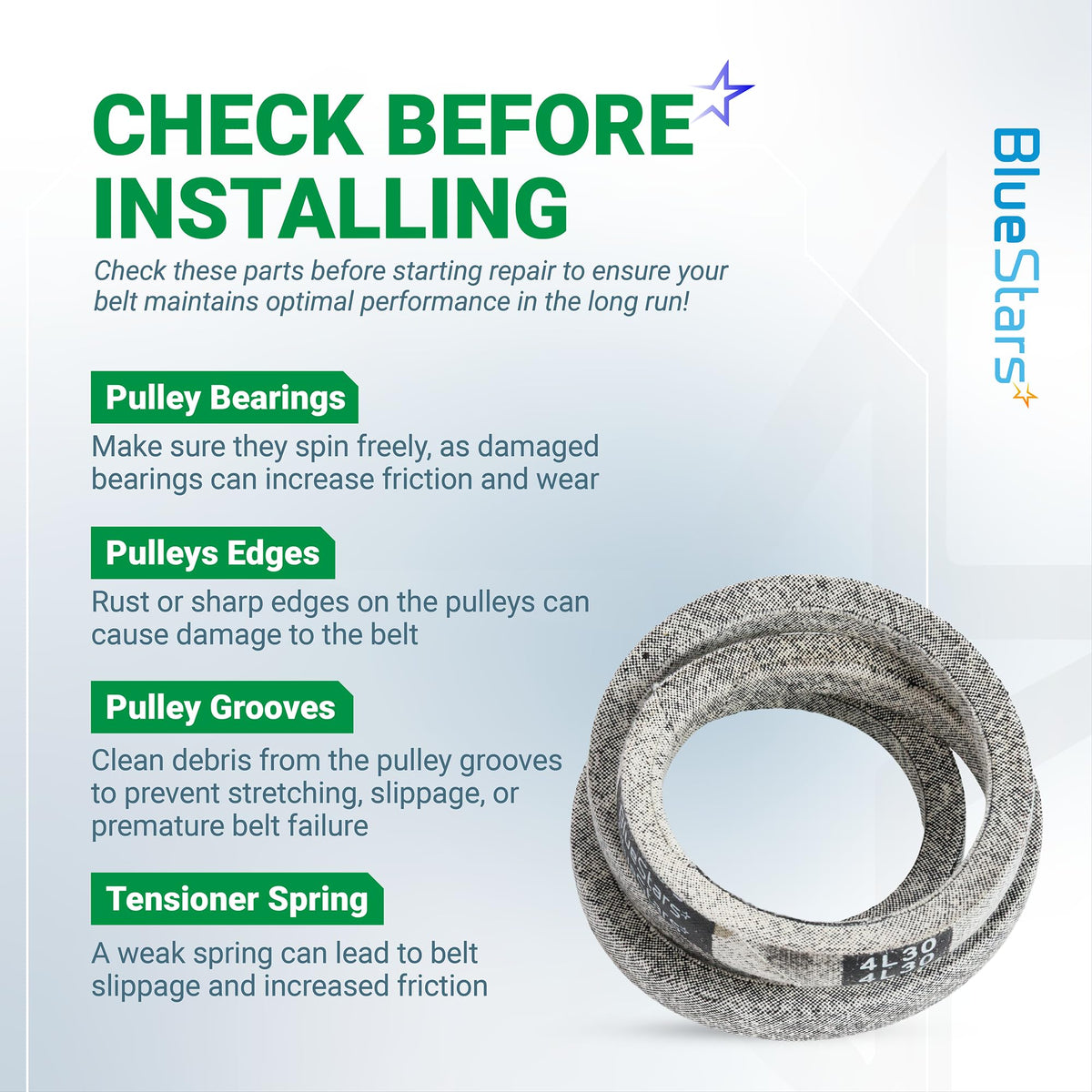 4L-300 drive belt installation guide for McLane edgers showing maintenance tips for pulleys and tensioners.