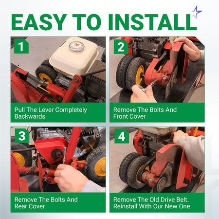Four-step installation guide for replacing the 4L-300 drive belt on a McLane edger.