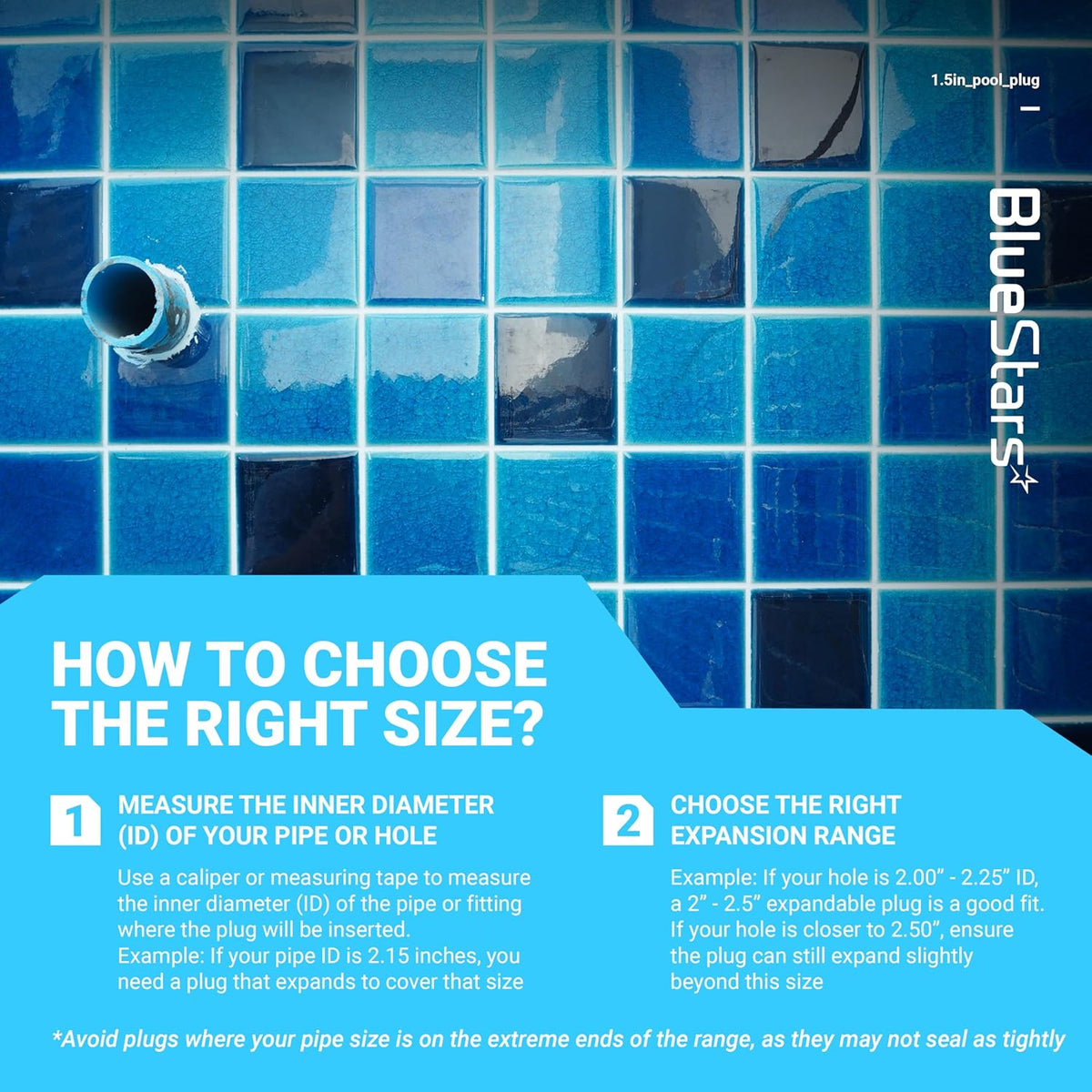 Instructional graphic for choosing the correct size for a 1.5-inch pool winterizing plug.