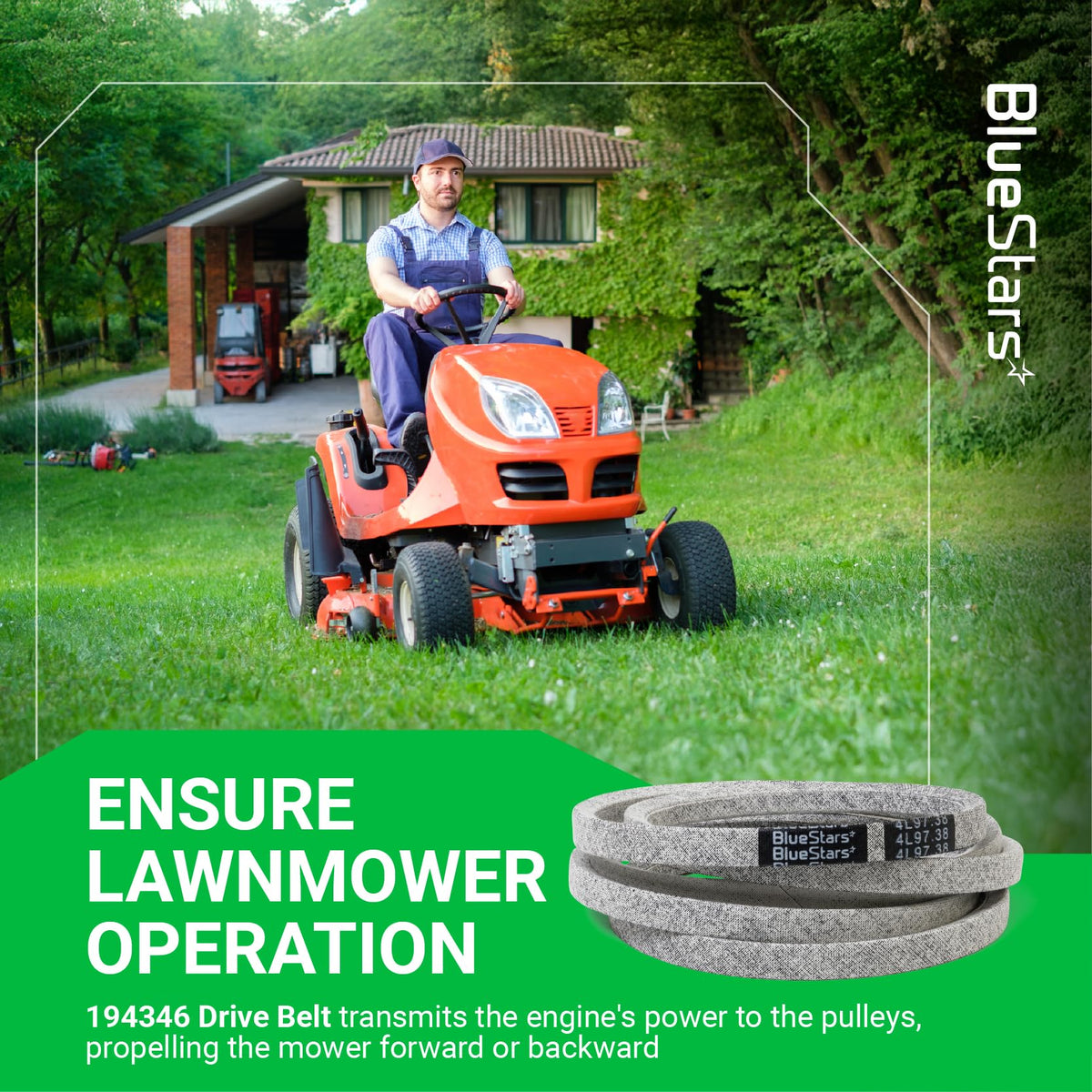 194346 ground drive belt for lawn mower tractor shown with a man operating a riding mower in a yard.
