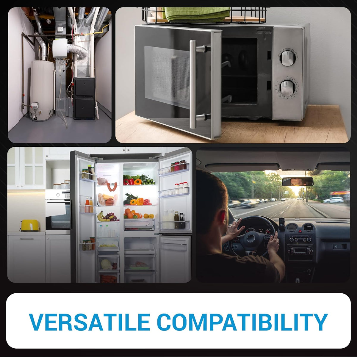 Collage showing various household appliances and a car interior to demonstrate versatile limit switch compatibility.