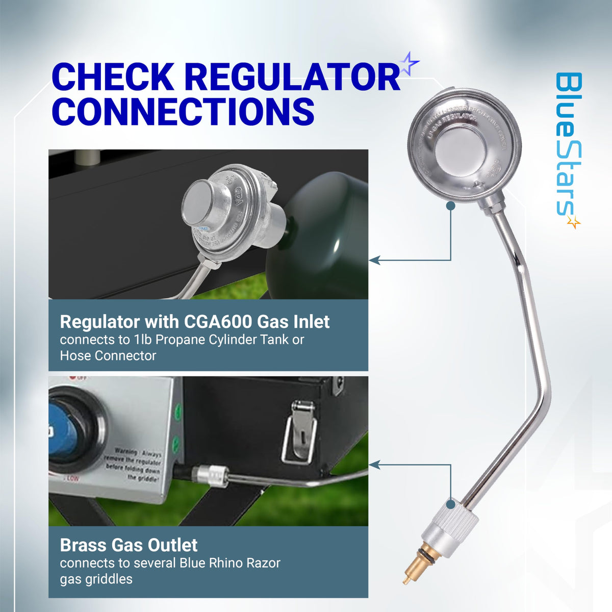 Gas regulator assembly with CGA600 inlet and brass outlet for Blue Rhino Razor gas griddles.