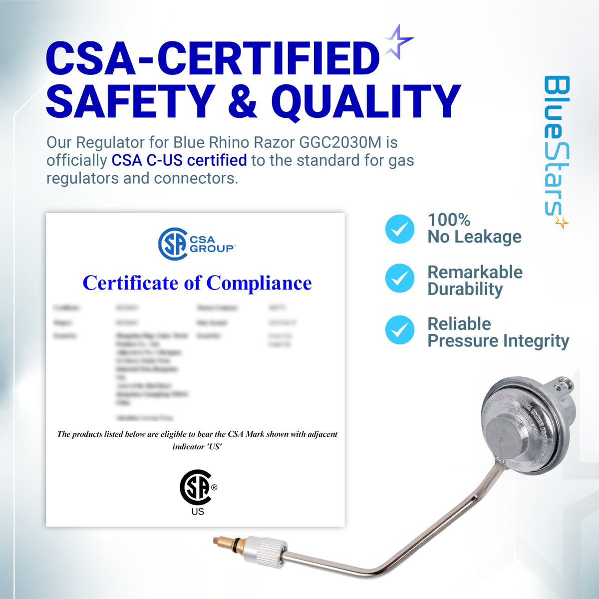 CSA-certified gas regulator for Blue Rhino Razor GGC2030M shown with compliance certificate and safety features.