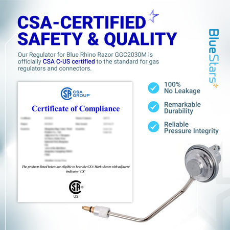 CSA-certified gas regulator for Blue Rhino Razor GGC2030M shown with compliance certificate and safety features.