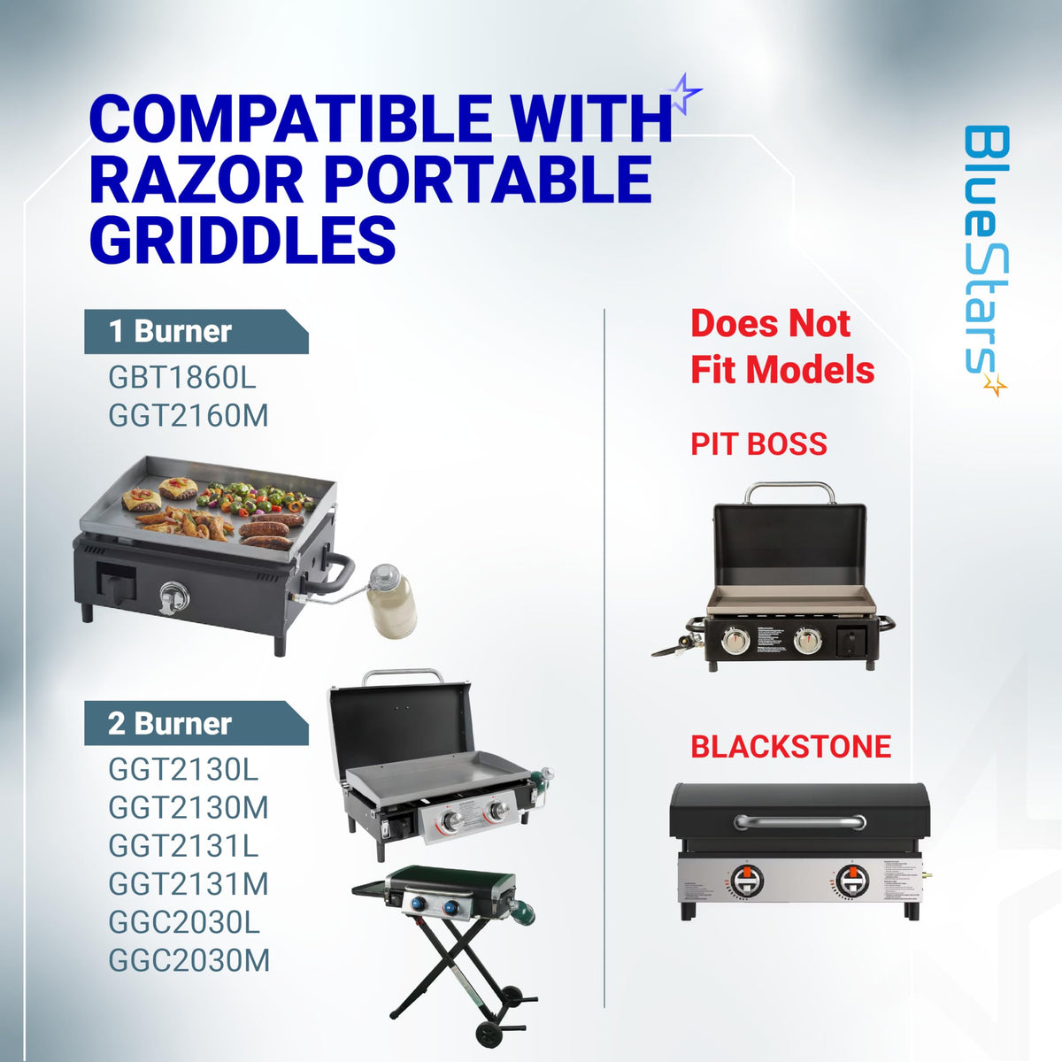 Compatibility chart for Razor portable griddles showing compatible 1 and 2 burner models and excluded brands.