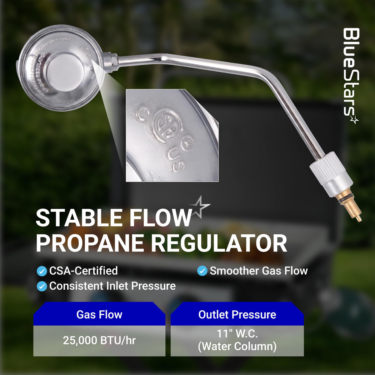 CSA-certified propane gas regulator with metal tube and close-up view of certification stamp.