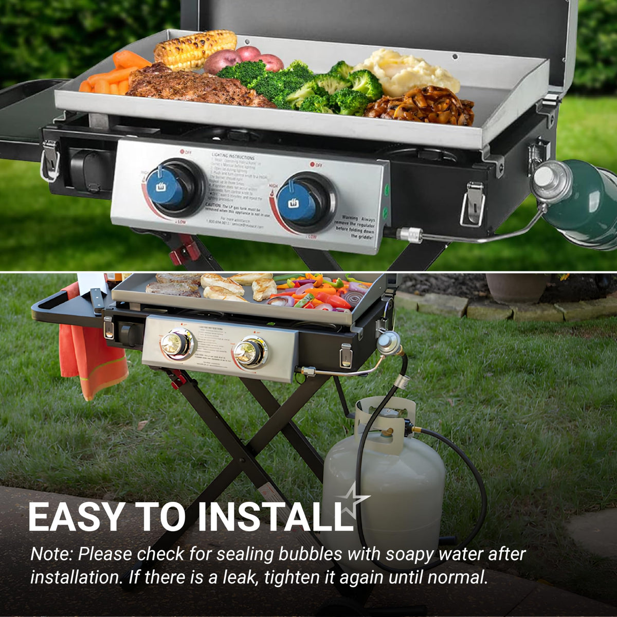 Portable two-burner outdoor gas griddle cooking food with propane tank connection visible.