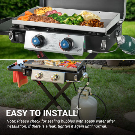 Portable two-burner outdoor gas griddle cooking food with propane tank connection visible.