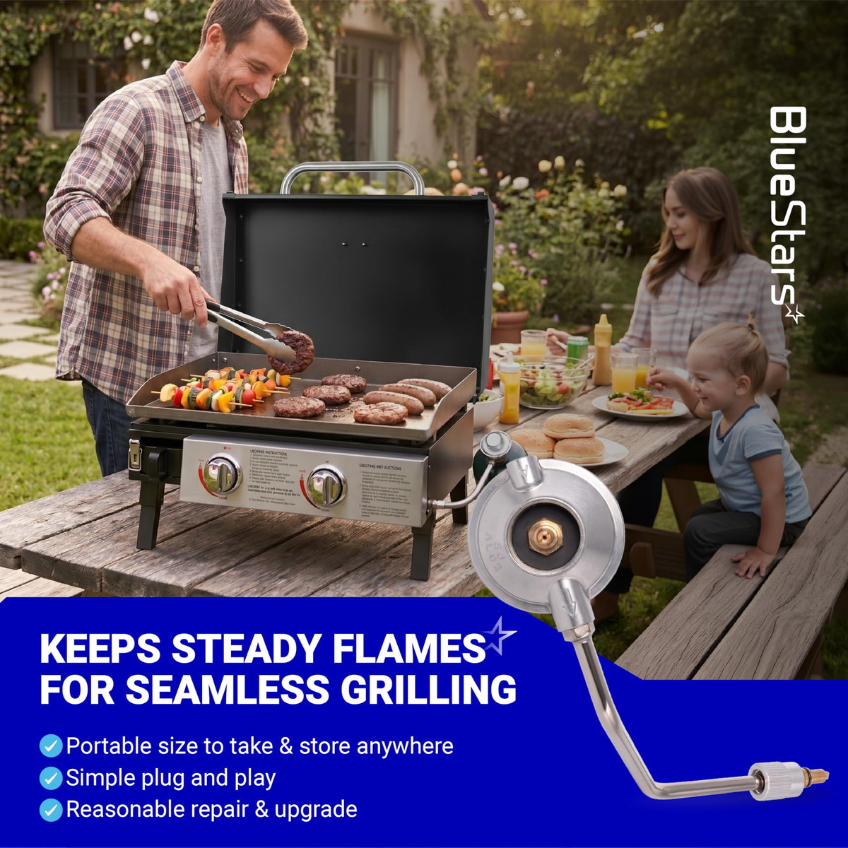 BlueStars propane gas grill regulator and hose assembly for portable outdoor griddles.