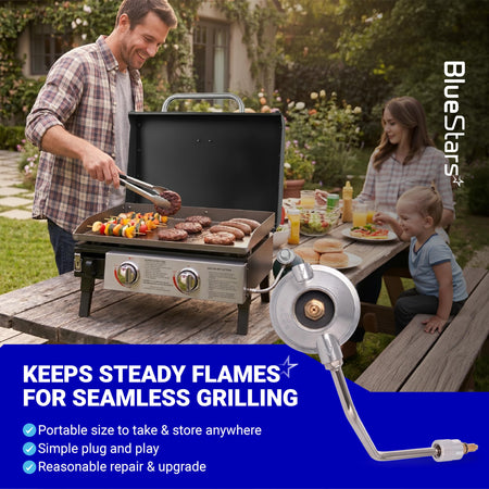 BlueStars propane gas grill regulator and hose assembly for portable outdoor griddles.