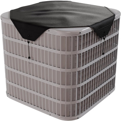 Black mesh AC condenser cover installed on top of a central air conditioner unit.