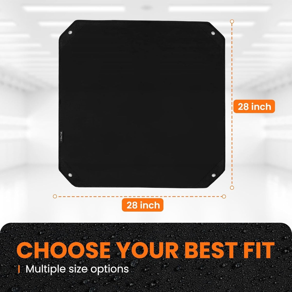 28x28 inch square black mesh AC condenser cover for outside air conditioner units with dimension labels.