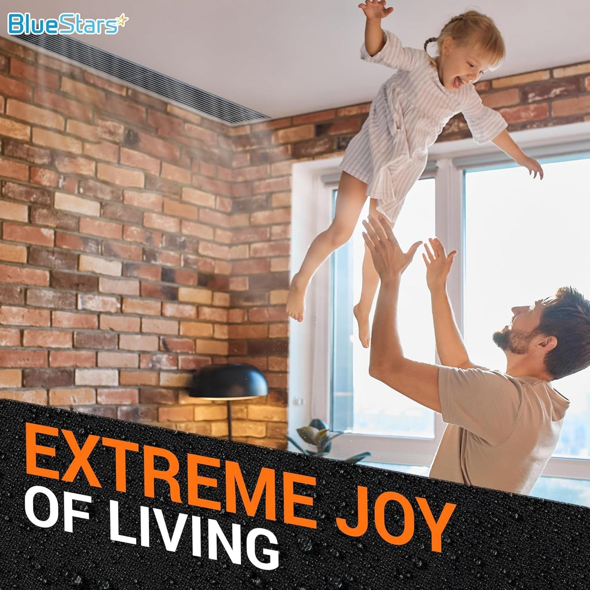 Lifestyle image showing a father and daughter in a living room with an AC unit, promoting the AC condenser cover.