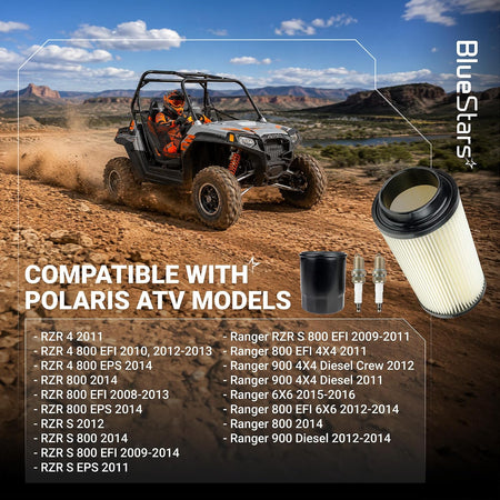 Air Filter Oil Filter Kit for Polaris RZR Ranger 800, shown with UTV, air filter, oil filter, spark plugs, and compatibility